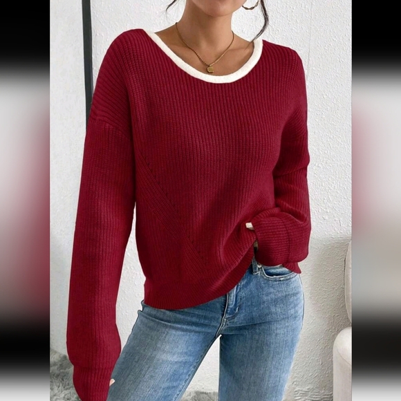 Women Casual Contrast Color Ribbed Trim Bow Decor Pullover Sweater - Picture 2 of 5